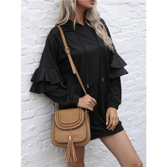 Ruffle Long Sleeve Hooded Mini Dress - Picture 2 of 6